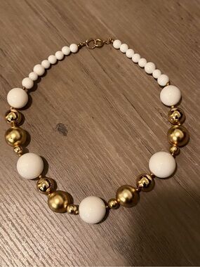 Vintage Monet Signed White Lucite & Gold Bead Chunky Statement Choker Necklace